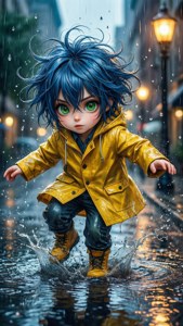 Et anime-barn med blåt hår, der glædesplasker i en vandpyt på en regnvåd bygade. — Anime børn Wallpapers