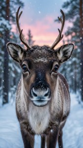 Sød rensdyr med store øjne i en fredelig vinterskov ved skumring. — Sød jul Wallpapers