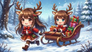 Chibi anime-piger som rensdyr trækker en slæde med gaver