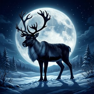 Silhuet af et rensdyr under en fuldmåne i snefyldt nat. — Æstetisk jul Wallpapers