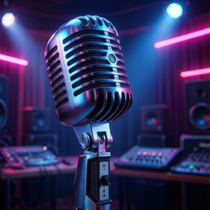En vintage-mikrofon med neonstudiolys. — Pixel Watch Wallpapers