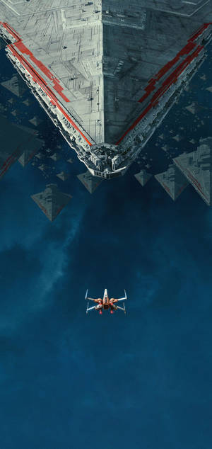 Star Wars-baggrund af et rumskib over den klare blå himmel med svævende bygninger — iPhone 13 Pro Max Wallpapers