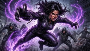 Reyna angriber med kløer i en tegneserieagtig actionscene wallpaper