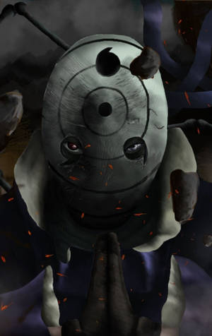 Mørkt kunstværk af Uchiha Obito i Rinne Sharingan-maske baggrund. — Galaxy Tab S10+ Wallpapers