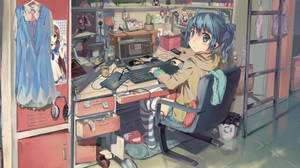 Rodet laptop-opsætning i anime
