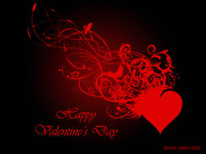 Klart rødt hjerte med stamme-blade og fugle-design på den ene halvdel med teksten "Happy Valentine's Day" skrevet i rødt nederst. — True Black Wallpapers