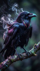 En ravn's fjer opløses i neonlys røg. — iPhone 6 Wallpapers