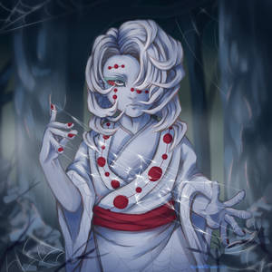 Baggrundsbillede med Rui og spindelvæv fra Demon Slayer