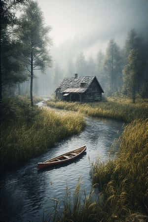 hytte,flod,kajak,græsser,rør,tåge,morgen,vildmark,rustik,fredfyldt,natur,hyggelig,4K — iPhone 4 Wallpapers
