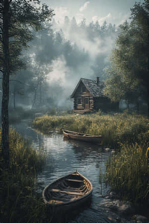 hytte,flod,kajak,græsser,rør,tåge,morgen,vildmark,rustik,fredfyldt,natur,hyggelig,4K — iPhone 4 Wallpapers