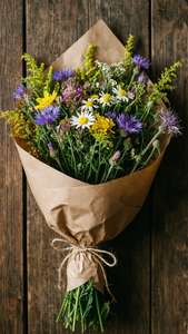 Vildtbuket i brunt papir på træ, hyggeligt rustikt naturligt. — Blomster æstetik Wallpapers