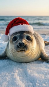 Sød sæl med julemandshue på sneklædt strand — Sød jul Wallpapers