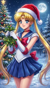 Sailor Moon med nissehue ved juletræ