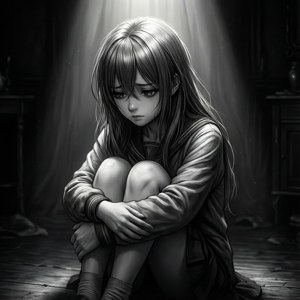 En trist animepige sammenkrøbet i et mørkt rum med dramatisk belysning. — Sørgelig anime GIF Wallpapers