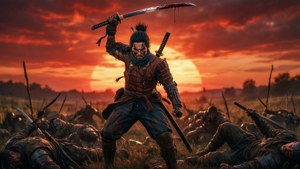 Den triumferende Sekiro står over besejrede fjender ved skumring wallpaper
