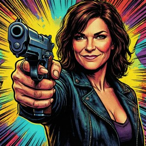 Milly peger med sin pistol og et selvsikkert smil, tegneserie pop art. — Pixel Watch Wallpapers