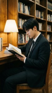 Seungmin fra Stray Kids læser på et bibliotek wallpaper