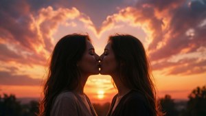 Romantisk LGBTQ+ par silhouet kys ved solnedgang med hjerteformede skyer.