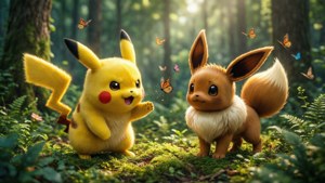 Pikachu og Eevee nyder en legende dag i skoven. — Pikachu Wallpapers