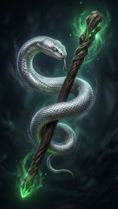 En slange snoet omkring en glødende tryllestav. — Slytherin æstetik Wallpapers