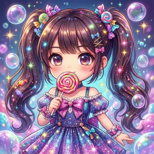 Chibi anime-pige med slikstok og glitrende kjole — Pixel Watch 4 Wallpapers