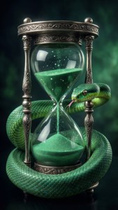 En slange viklet omkring et sølv timeglas, der symboliserer tid og ambitioner. — Slytherin æstetik Wallpapers
