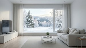 Et roligt hvidt minimalistisk stue med sneudsigt, perfekt til en rolig baggrund. — Hvid æstetik Wallpapers