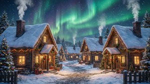En festlig sneklædt landsby med lysende vinduer under en grøn nordlyshimmel. — Grøn himmel Wallpapers
