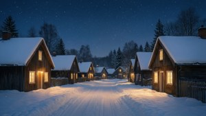 En fredelig sneklædt landsby med oplyste vinduer under en stjernehimmel. — Æstetisk jul Wallpapers