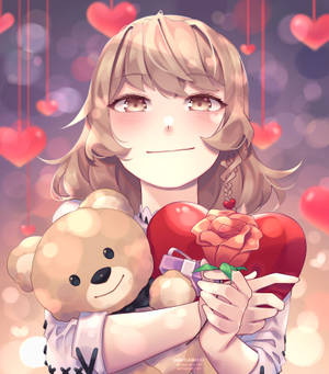 Sød animepige holder hjerte og bamse tapet — Galaxy Z Fold Wallpapers