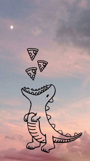 Sød Dinosaur Spiser Pizza På Himlen