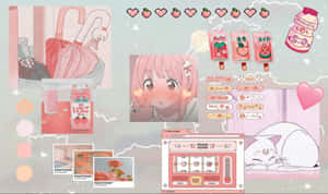 Sød pink kawaii-baggrund med nuttede figurer og elementer
