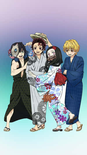 Søde Demon Slayer-karakterer Inosuke Tanjiro Nezuko og Zenitsu — Dæmonjæger zenitsu Wallpapers