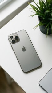 Fladt layout af iPhone 12 Pro Max i sølv med en plante.