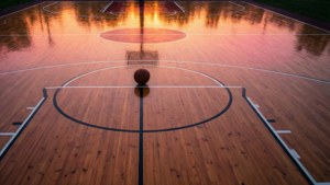 Fantastisk panoramaudsigt over en basketballbane badet i solnedgangens farver. — Basketball GIF Wallpapers