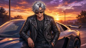 En stilfuld anime-dreng, der poserer med en sportsvogn ved solnedgang. — Solnedgang Wallpapers