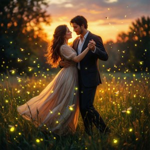 Et romantisk par danser blandt ildfluer i en midsommersolnedgang. — Pixel Watch 3 Wallpapers