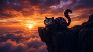 Silhuet af Cheshire-katten mod en farverig solnedgang. — Cheshire Cat Wallpapers