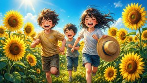 Anime-børn leger i et solsikkefelt på en klar sommerdag. — Anime børn Wallpapers