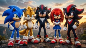 Sonic og hans venner poserer sammen ved solnedgang på en klippe. — Sonic Wallpapers