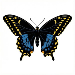 En minimalistisk vektorillustration af en sort svalehale sommerfugl med blå og gule accenter. — Tecno Phantom V Flip2 Wallpapers