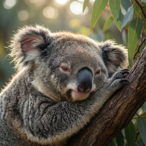 Et nuttet nærbillede af en sovende koala i Taronga Zoo Sydney i blødt morgenslys. — Pixel Watch 3 Wallpapers