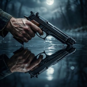 Symmetrisk spejling af en hånd, der holder en pistol i vand. — Pixel Watch 5 Wallpapers