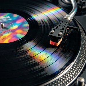 Et makrobillede af en vinylplade med farverige lysrefleksioner. — Musik æstetik Wallpapers