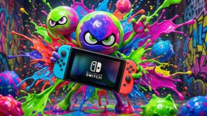 Energisk baggrundsbillede af Splatoon-blæksprutter med Nintendo Switch