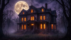 Uhyggeligt hjemsøgt hus under fuldmåne med tåge og nøgne træer — Halloween æstetik Wallpapers