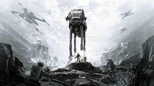 Gråtonede billeder af Star Wars Battlefront spilcover tapet.