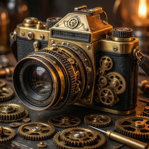 Et steampunk-kamera med tandhjul og messingdele i indviklet detalje. — Tecno Phantom V Flip2 Wallpapers
