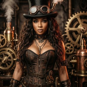 Doja Cat som steampunk-opfinder i et værksted fyldt med tandhjul. — Pixel Watch Wallpapers