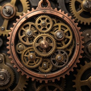 Et steampunk-tillidsmærke med kobbertandhjul og messingaccenter på en mekanisk baggrund. — Pixel Watch Wallpapers